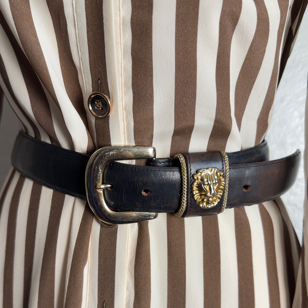 Vintage 80's Avignon Brown Leather Gold-tone Lion Hardware Statement Belt Sz M